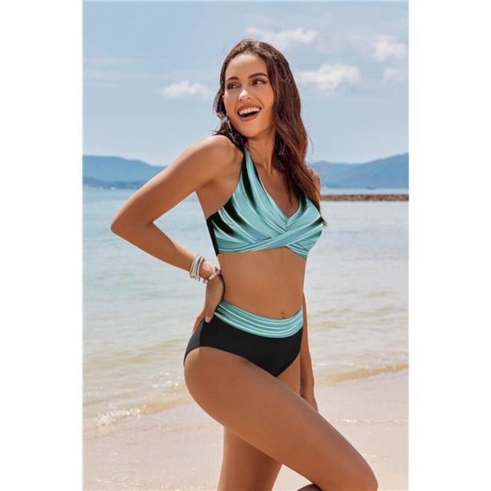 Women's High Waisted Bikini Set Tummy Control Color Block Halter Two Piece Swims - Picture 3 of 6